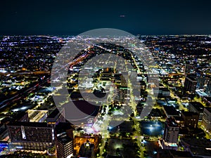 Aerial night photo Downtown Houston Texas circa July 2023