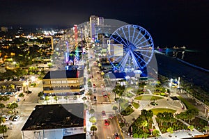 Aerial night photo of Myrtle Beach and Skywheel