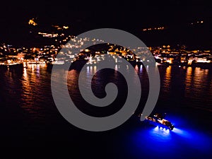 Aerial night shot of Nafpaktos port and boat