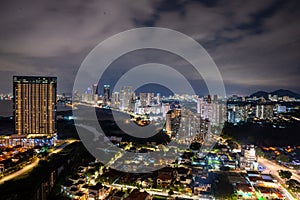 Aerial night view of architecture in Georgetown city, Penang, Malaysia