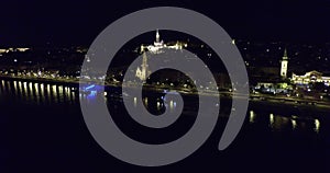 Aerial night view on beautiful bridges of Budapest