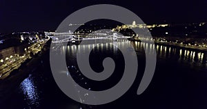 Aerial night view on beautiful bridges of Budapest