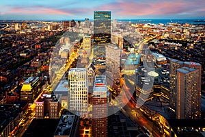 An aerial night view of Boston city center