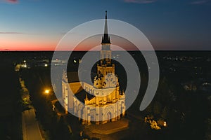 Aerial night view of catholic church of st. Casimir in Naujoji Vilnia, in Vilnius, Lithuania