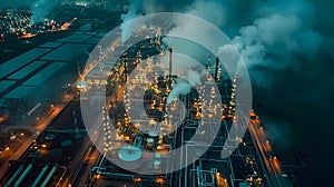 Aerial Night View of Chemical Refinery in Dreamy Atmospheric Style