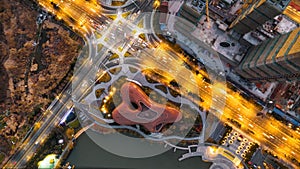 Aerial night view of the city of Liyang, Nanjing, Jiangsu Province, China.