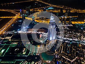 Aerial night view of downtown Dubai from Burj Khalifa