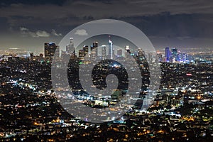 Aerial night view of downtown Los Angeles skyline; California