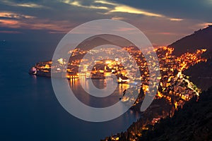 Aerial night view of Dubrovnik city. Great summer sunset in Croatia, Europe. Beautiful world of Mediterranean countries. Traveling