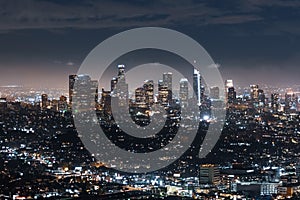 Aerial night view of financial district skyline in downtown Los Angeles; California