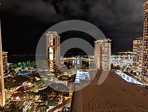 Aerial Night View of Hilton Hawaiian Village in Waikiki