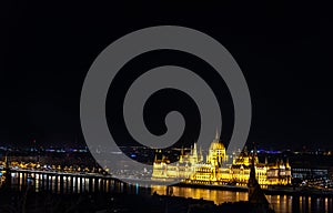 Aerial night view of the Hungarian Parliament Building in Budapest.