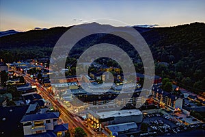 Aerial night view of the main road through Gatlinburg, Tennessee