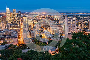 Aerial night view of Montreal downtown cityscape from Royal Mountain