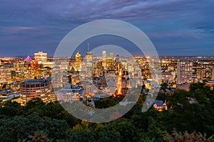 Aerial night view of Montreal downtown cityscape from Royal Mountain