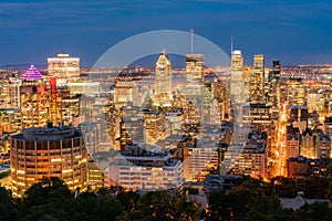 Aerial night view of Montreal downtown cityscape from Royal Mountain