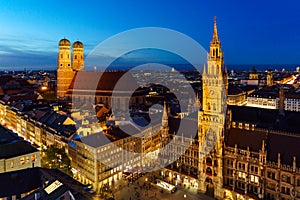 Aerial Night view of New Town Hall on Marienplatz in Munich, Ba