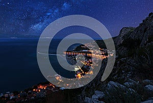 Aerial night view of Omis and Adriatic sea, Croatia