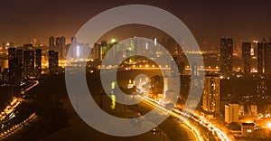 Aerial night view panorama of Han river in Wuhan China