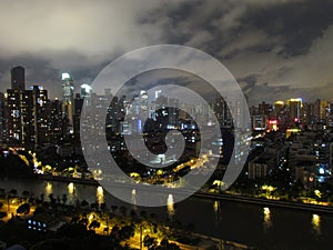 Aerial night view of Shanghai puxi district with west nanjing road skyline photo