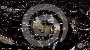 Aerial Night View of St. Paul`s Cathedral in London