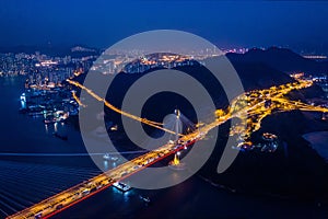 Aerial night view of ting kau bridge, famous landmark, Hong Kong