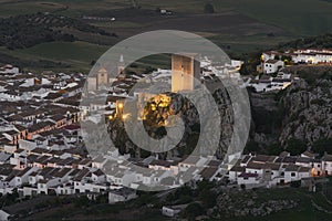 Aerial night view of the town of CaÃ±ete la Real in the province of Malaga. Spain