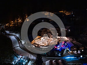 Aerial night view of Zermatt Valley and luxury hotel