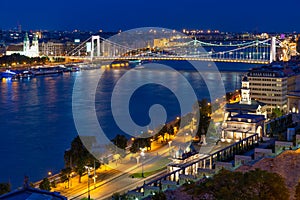 Aerial night vision Budapest with Elisabeth Bridge over Danube river