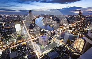 Aerial nighttime view of Bangkok and Chao Phraya river,Thailand