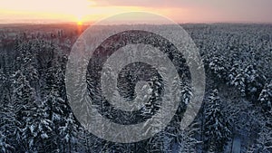 Aerial nordic winter landscape flight over snow mountain forest on sunset.