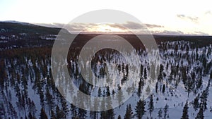 Aerial nordic winter landscape flight over snow mountain forest on sunset