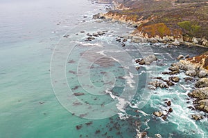 Aerial of the Ocean, Kelp, and Rocky Coastline in Northern California