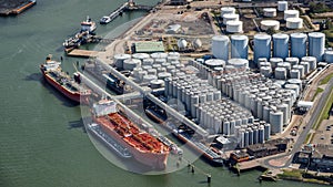 Aerial oil tankers storage silo tanks terminal.