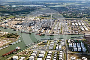 Aerial oil tankers storage terminal and oil refinery.