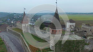 Aerial: Old castle in Kamenetz-Podolskiy, Ukraine