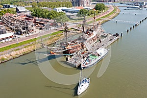 Aerial from an old dutch VOC ship in the harbor from Lelystad in the Netherlands