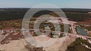 Aerial of of opencast mining quarry with ponds