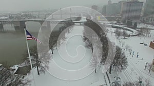 Aerial Oregon Portland Snow Storm