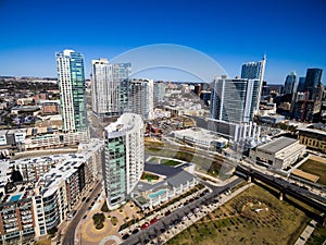 Aerial Over Austin Texas Modern Buildings and skyscrapers new center of Downtown Capital Cities photo