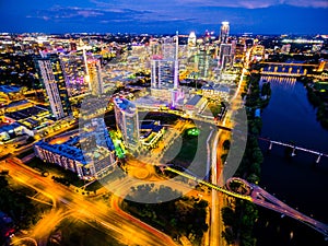 Aerial Over Austin Texas Night Cityscape Over Town Lake Bridges Urban Capital Cities Colorful Cityscape