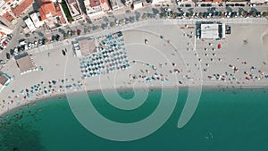 Aerial over the beach of Scilla with sea and architectures in Calabria, Italy