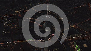 AERIAL: Over Berlin Germany TV Tower Alexanderplatz at Night with City Lights traffic