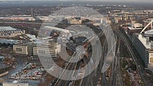 AERIAL: Over Cologne Rail Way Train system with Train driving on sunny day