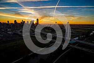 Aerial Over Dallas Texas Dramatic Sunrise Margaret Hunt Hill Bridge and Reunion Tower