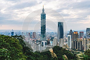 Aerial over Downtown Taipei with Taipei 101 Skyscraper in the dusk from Xiangshan Elephant Mountain in the evening