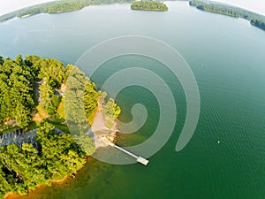 Aerial over lake hartwell south carolina and georgia line at sunset