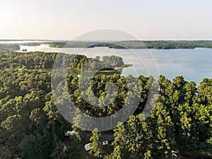 Aerial over lake hartwell south carolina and georgia line at sunset