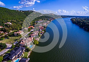 Aerial Over Mount Bonnell low angle near Colorful Mansions