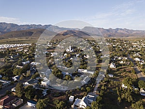 Aerial over small town village, in South Africa, Mcgregor